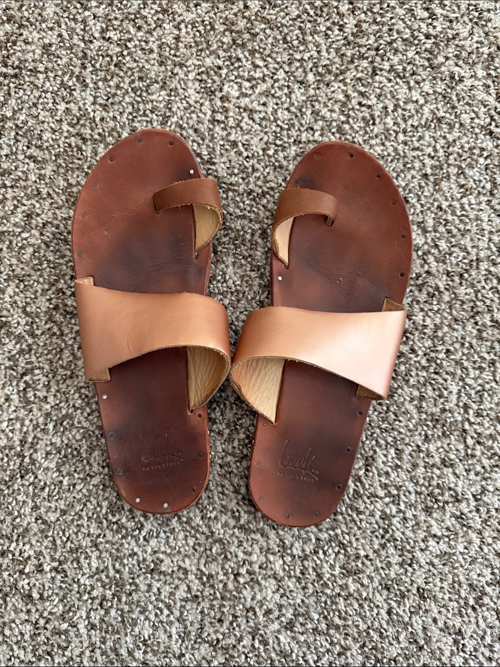 Beek Finch Sandals. Rose gold and Brown